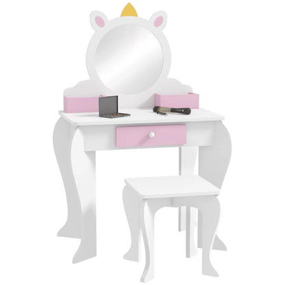 Kids Makeup Vanity Set with Stool, Mirror, Drawer, Unicorn Design, White Toy Vanity at Gallery Canada