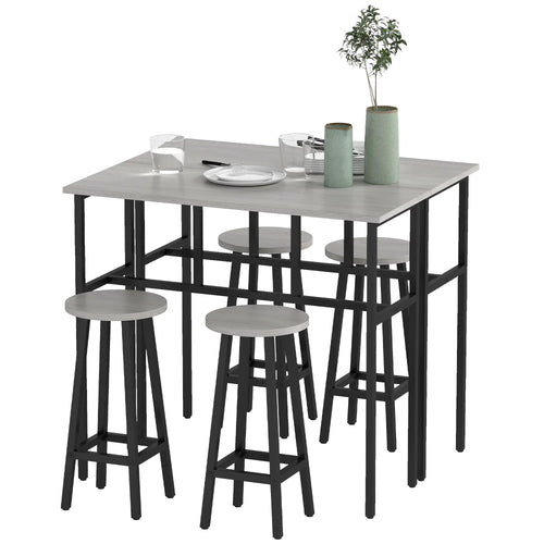 Bar Table Set, 6 Piece, 2 Tables, 4 Stools, Grey