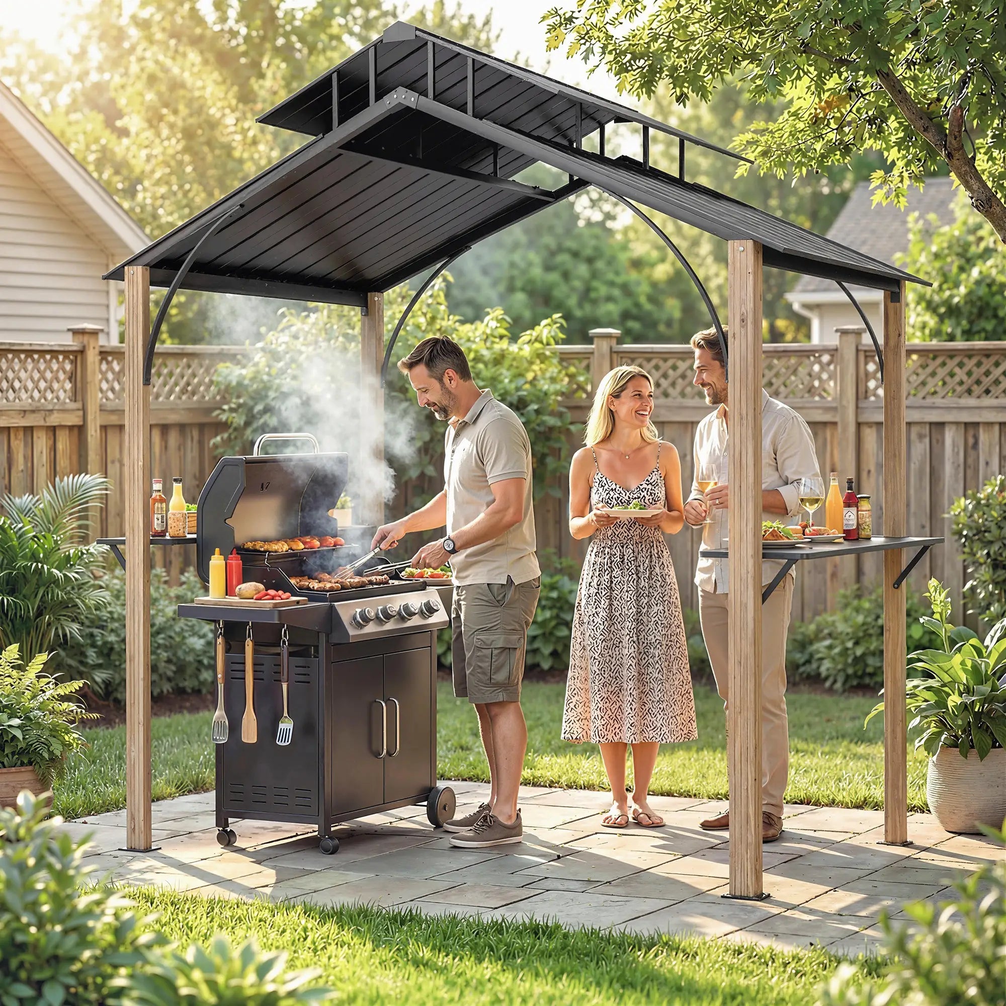 8 x 6ft Hardtop Grill Gazebo, Metal Double Roof, Wood-Grain Aluminum Frame BBQ Grill Gazebos at Gallery Canada