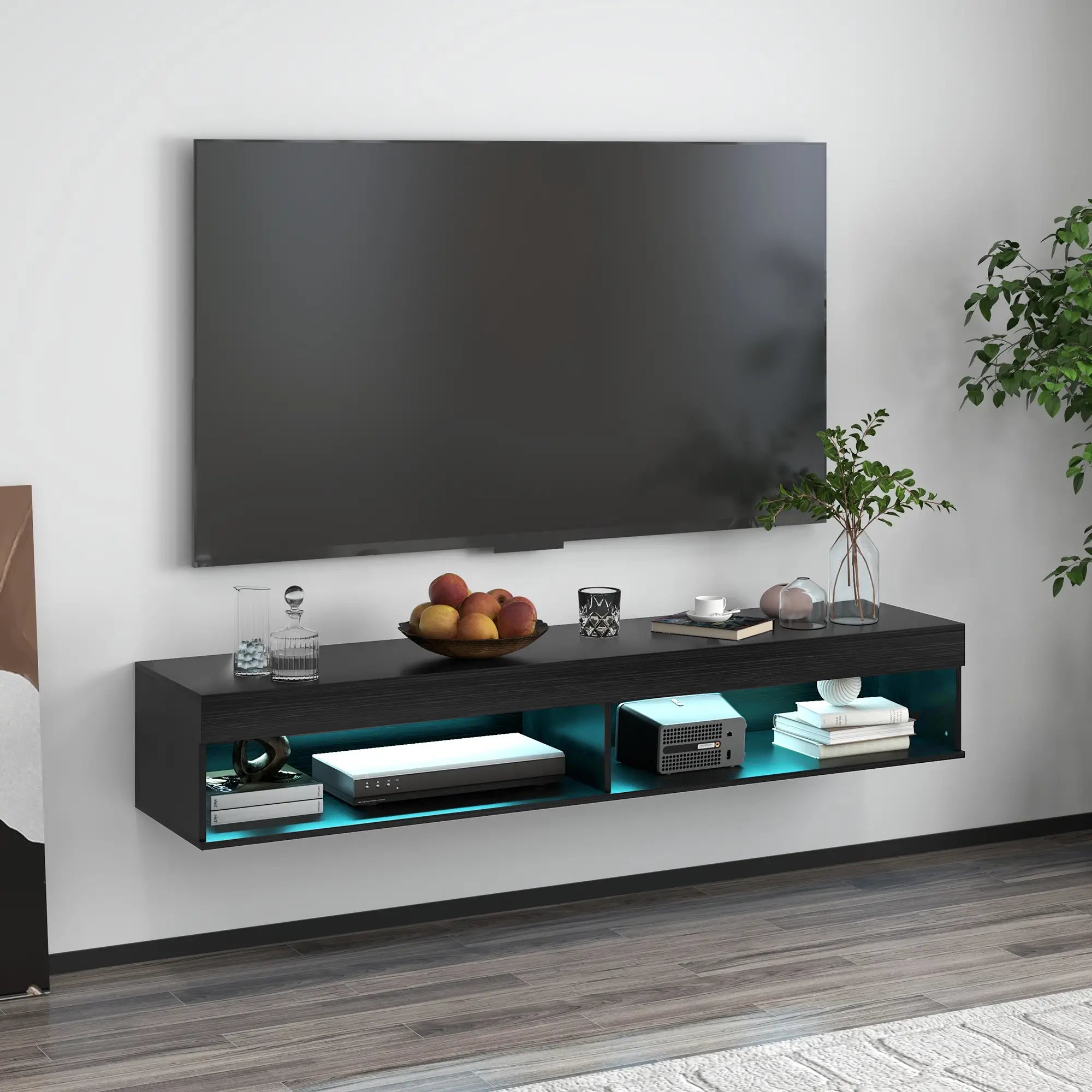 Wall Mounted TV Stand with Storage, LED Lights, 75