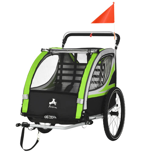 3-in-1 Bike Trailer, Running Stroller, 2 Seats, 5-Point Harness, Storage, Green
