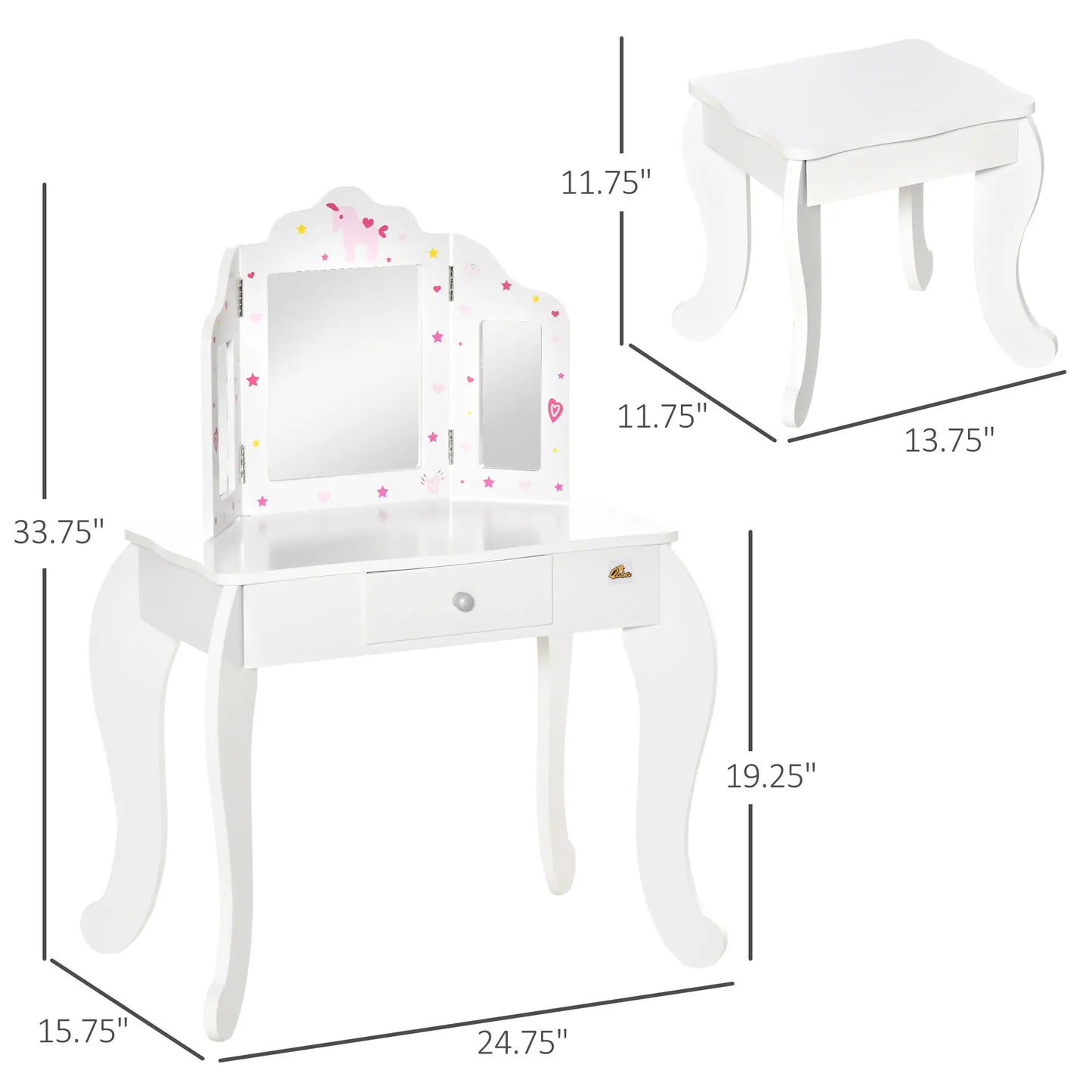 Kids Vanity Table and Stool, Makeup Set with Tri-Folding Mirrors, White Kids Bedroom Furniture at Gallery Canada