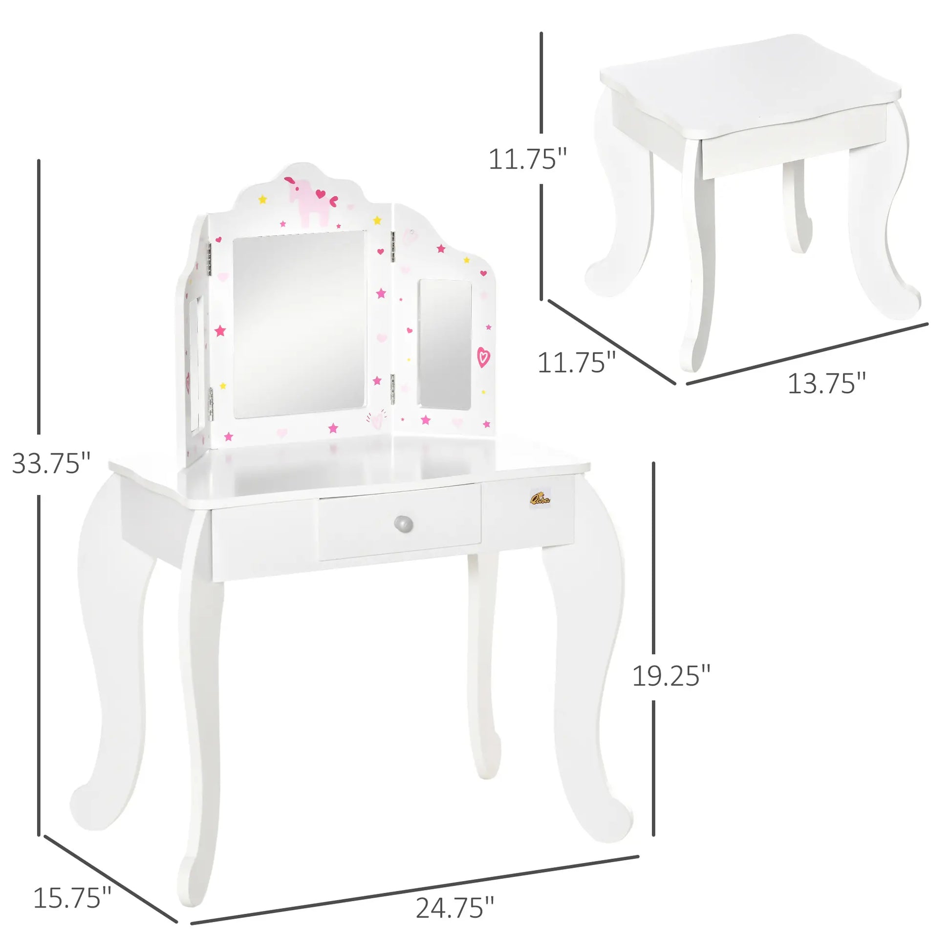 Kids Vanity Table and Stool, Makeup Set with Tri-Folding Mirrors, White Kids Bedroom Furniture at Gallery Canada