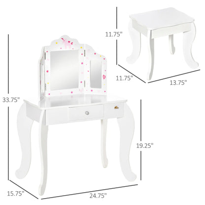 Kids Vanity Table and Stool, Makeup Set with Tri-Folding Mirrors, White Kids Bedroom Furniture at Gallery Canada