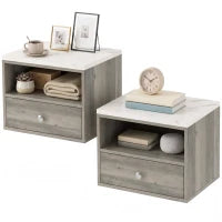 Floating Nightstands Set of 2, Drawer, Marble Top, Natural