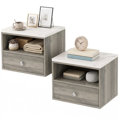 Floating Nightstands Set of 2, Drawer, Marble Top, Natural