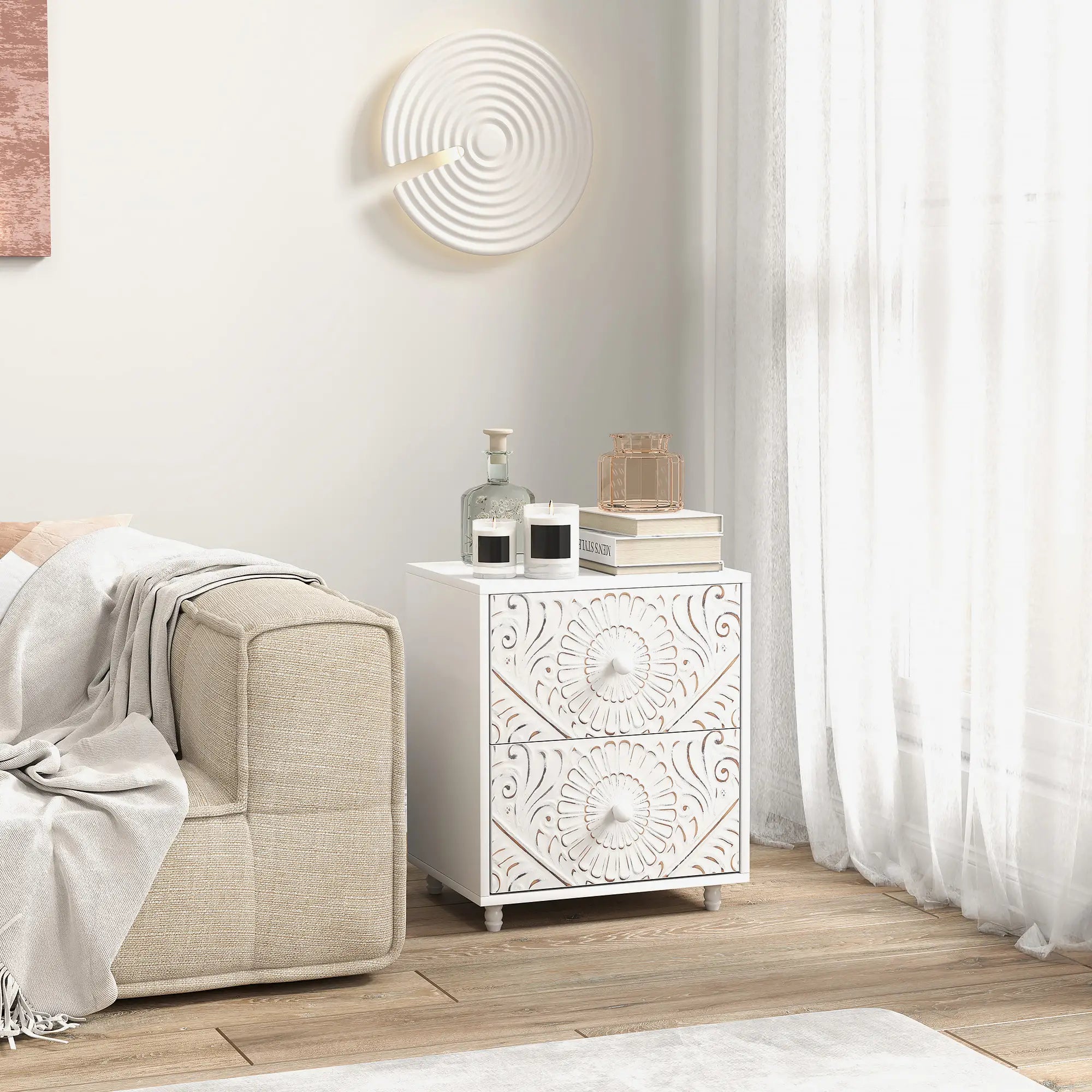 Mid-Century Bedside Table, Nightstand with 2 Drawers, White Bedside Tables at Gallery Canada