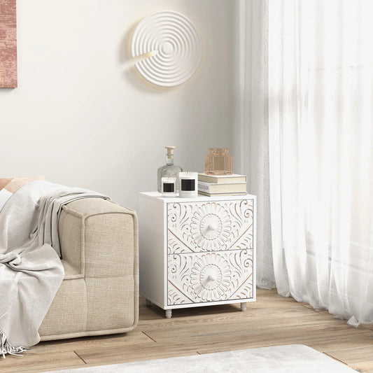 Mid-Century Bedside Table, Nightstand with 2 Drawers, White Bedside Tables White at Gallery Canada