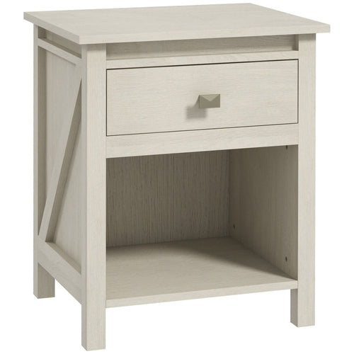 Bedside Table, Farmhouse Nightstand with with Drawer and Storage Shelf, Night Table for Bedroom, White