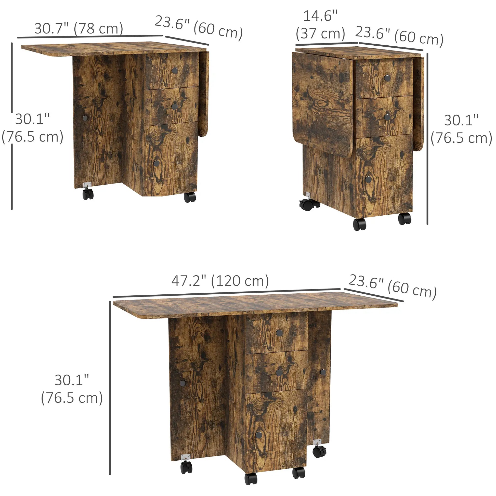 Drop Leaf Dining Table, Mobile Folding Table With Drawers, Rustic Brown, Brown Bar Tables & Dining Tables at Gallery Canada