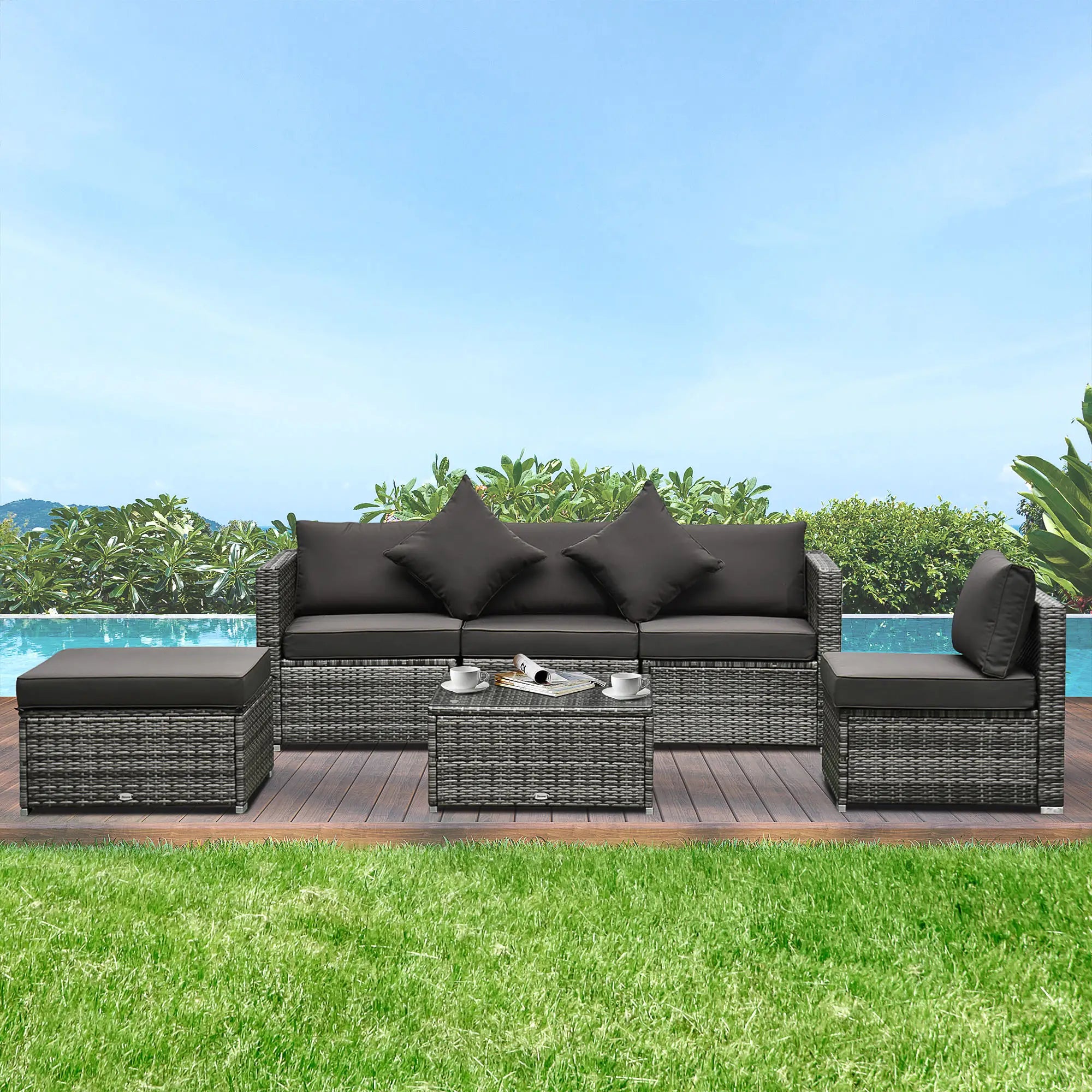6-Piece Outdoor PE Rattan Sofa Set, Thick Cushions, Glass Top Table, Charcoal, Mixed Grey Patio Furniture Sets at Gallery Canada