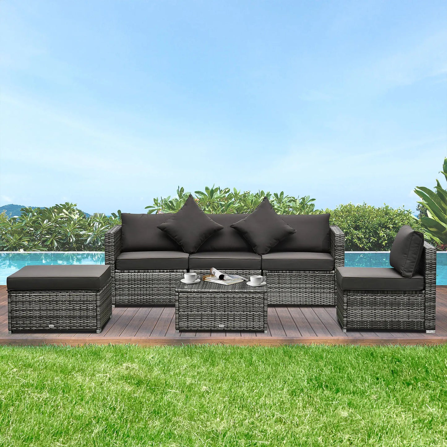 6-Piece Outdoor PE Rattan Sofa Set, Thick Cushions, Glass Top Table, Charcoal, Mixed Grey Patio Furniture Sets at Gallery Canada