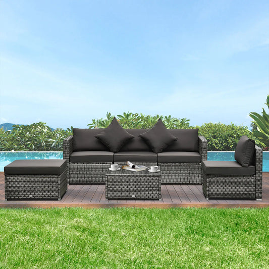 6-Piece Outdoor PE Rattan Sofa Set, Thick Cushions, Glass Top Table, Charcoal, Mixed Grey Patio Furniture Sets Mixed Grey Rattan, Charcoal Fabric at Gallery Canada