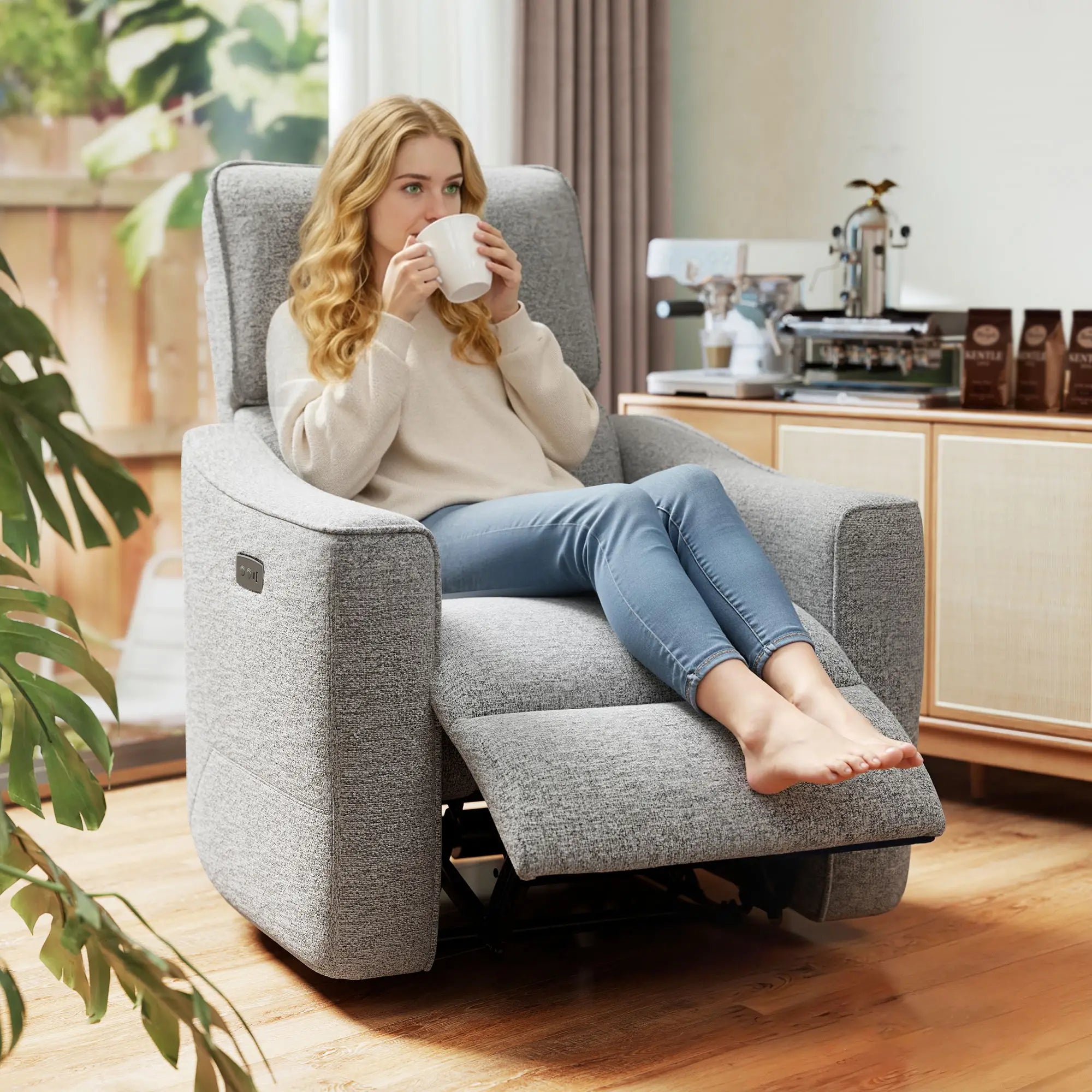 Power Recliner Chair, Linen Fabric, USB Ports, Footrest, Grey Sofas & Reclining Chairs at Gallery Canada