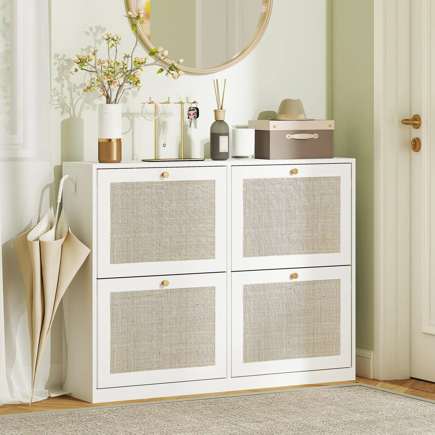 Narrow Shoe Storage Cabinet, 4 Flip Drawers, Adjustable Shelves, 20 Pairs, White Shoe Storage Cabinets & Racks at Gallery Canada