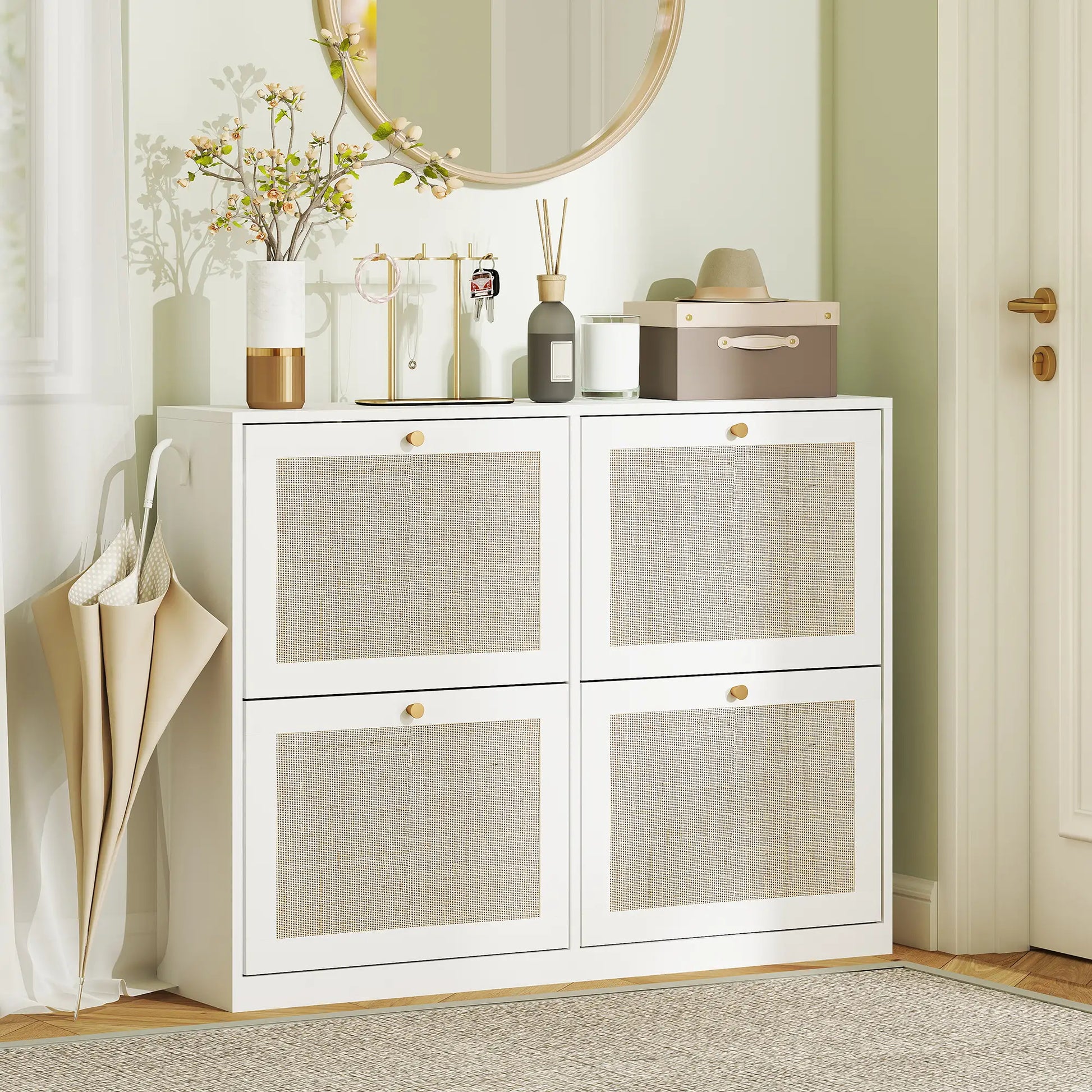 Narrow Shoe Storage Cabinet, 4 Flip Drawers, Adjustable Shelves, 20 Pairs, White Shoe Storage Cabinets & Racks at Gallery Canada