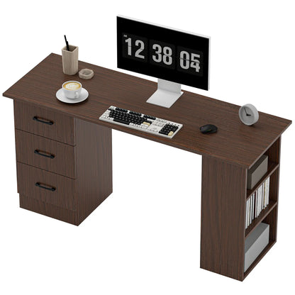 55 Inch Computer Desk, 3-Tier Shelves, 3 Reversible Drawers, Walnut Computer Desks Walnut at Gallery Canada