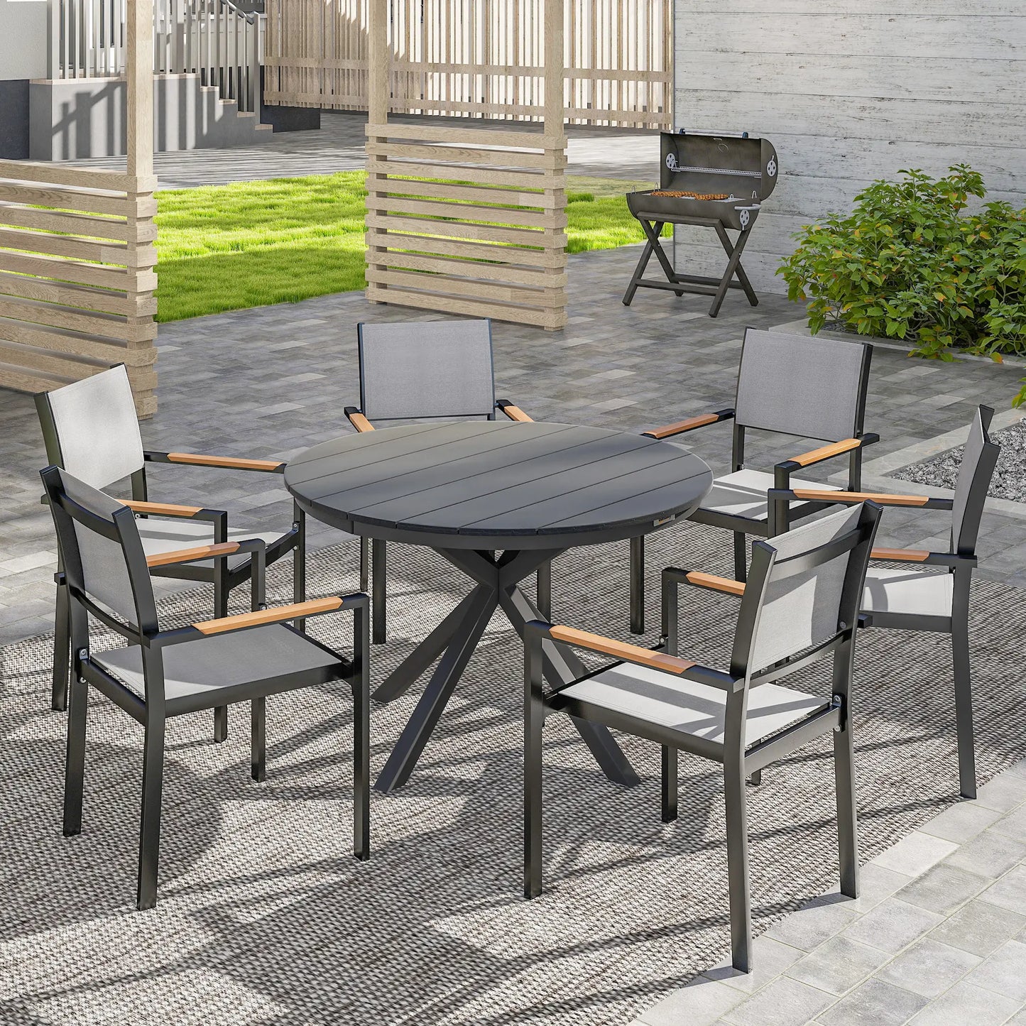 46.5" Round Outdoor Dining Table For 6, Slatted Top, Black Patio Dining Tables at Gallery Canada
