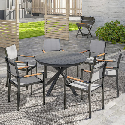 46.5" Round Outdoor Dining Table For 6, Slatted Top, Black Patio Dining Tables at Gallery Canada