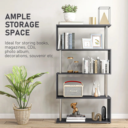 5-Tier Geometric Wooden Bookcase, S-Shaped Storage, Black Display Bookshelves at Gallery Canada