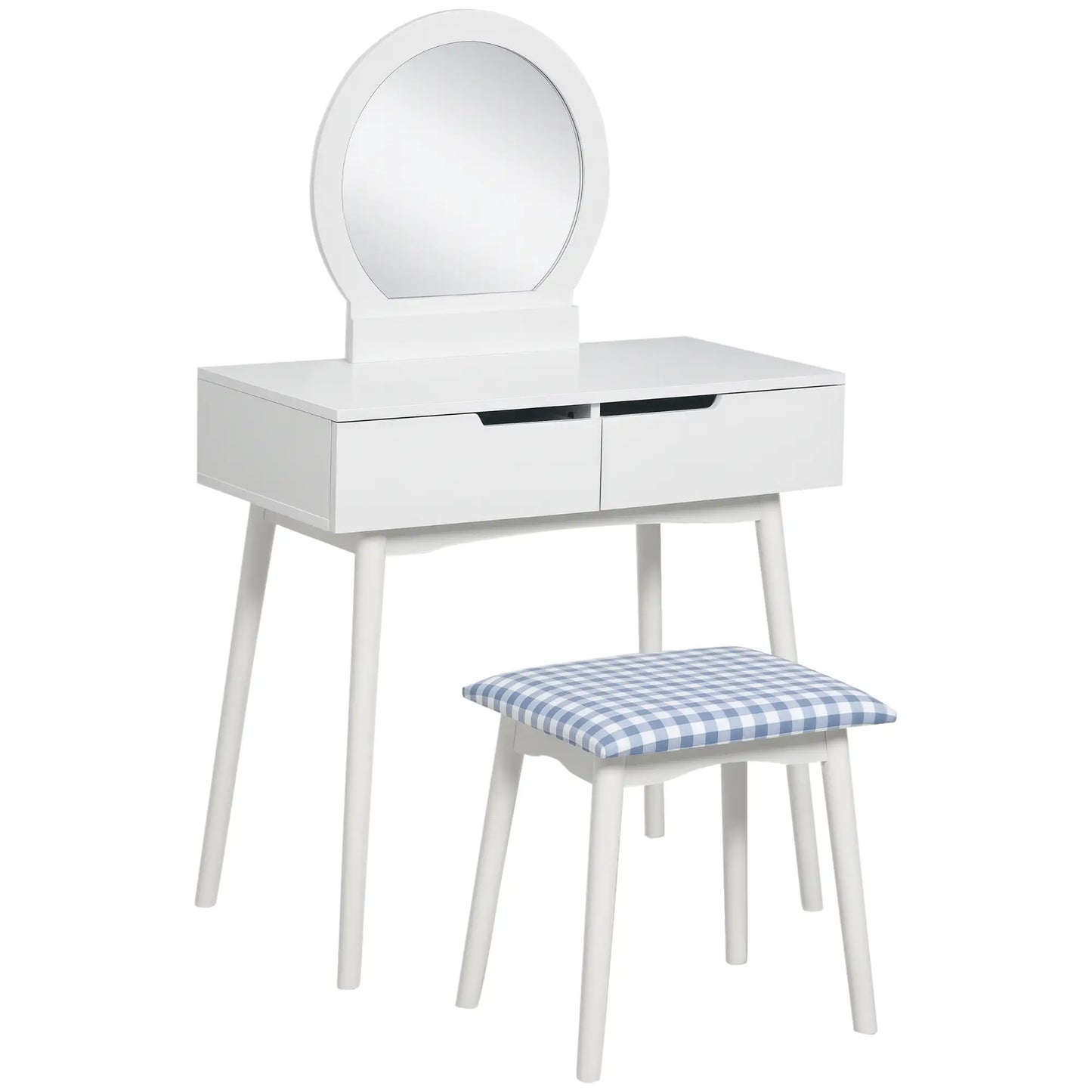 Makeup Vanity Desk, Round Mirror, 2 Drawers, Cushioned Stool, White Dressing & Vanity Tables White, Blue at Gallery Canada