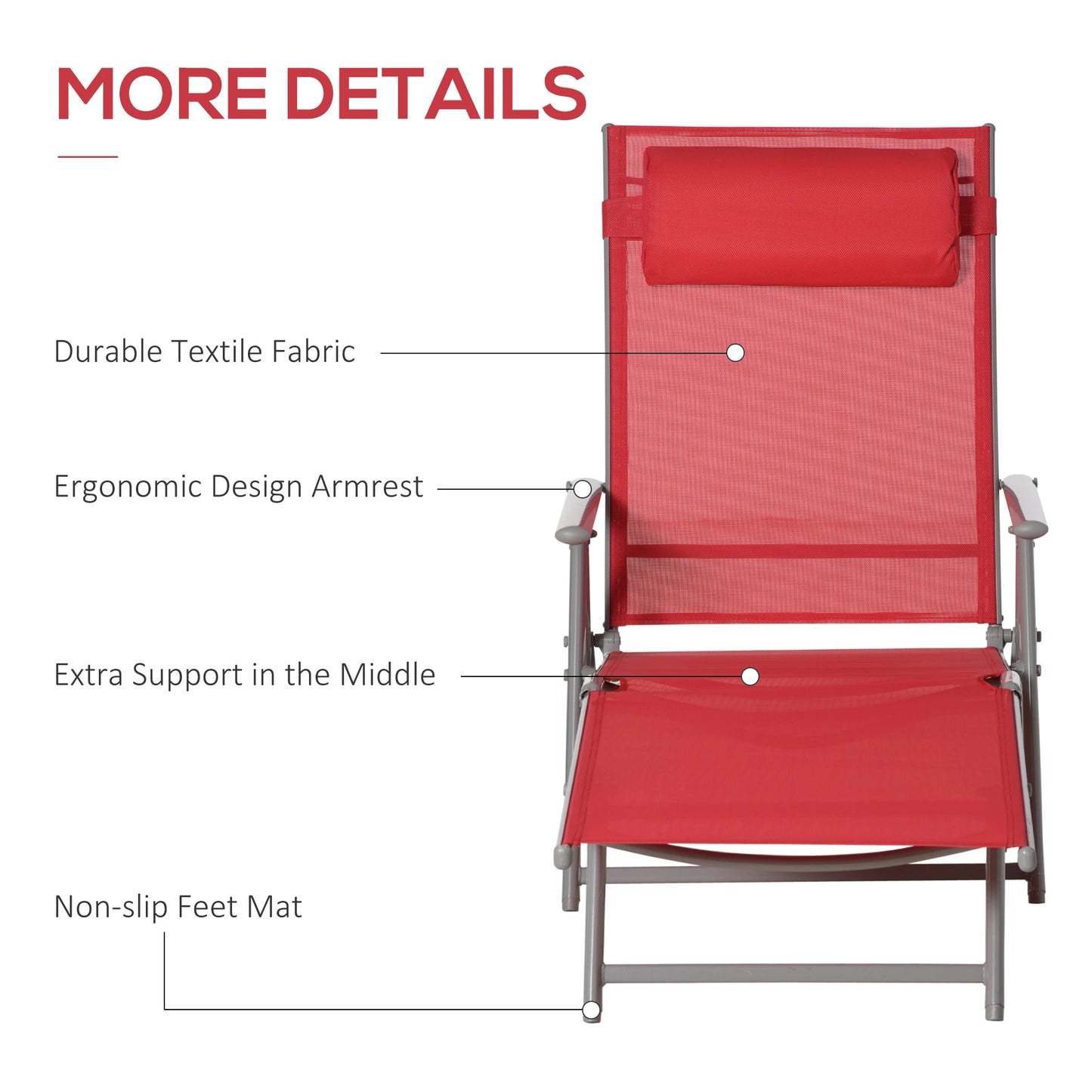 Outdoor Folding Chaise Lounge, Steel Recliner, 7 Adjustable Positions, Red Lounger Chairs at Gallery Canada