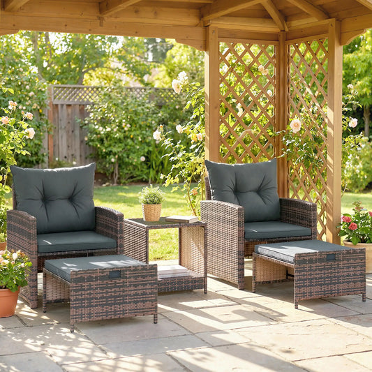 5 Piece Patio Furniture Set, Wicker Chairs, 2-Tier Glass Table, Brown/Dark Grey Patio Furniture Sets Mixed Brown, Dark Grey, Black at Gallery Canada