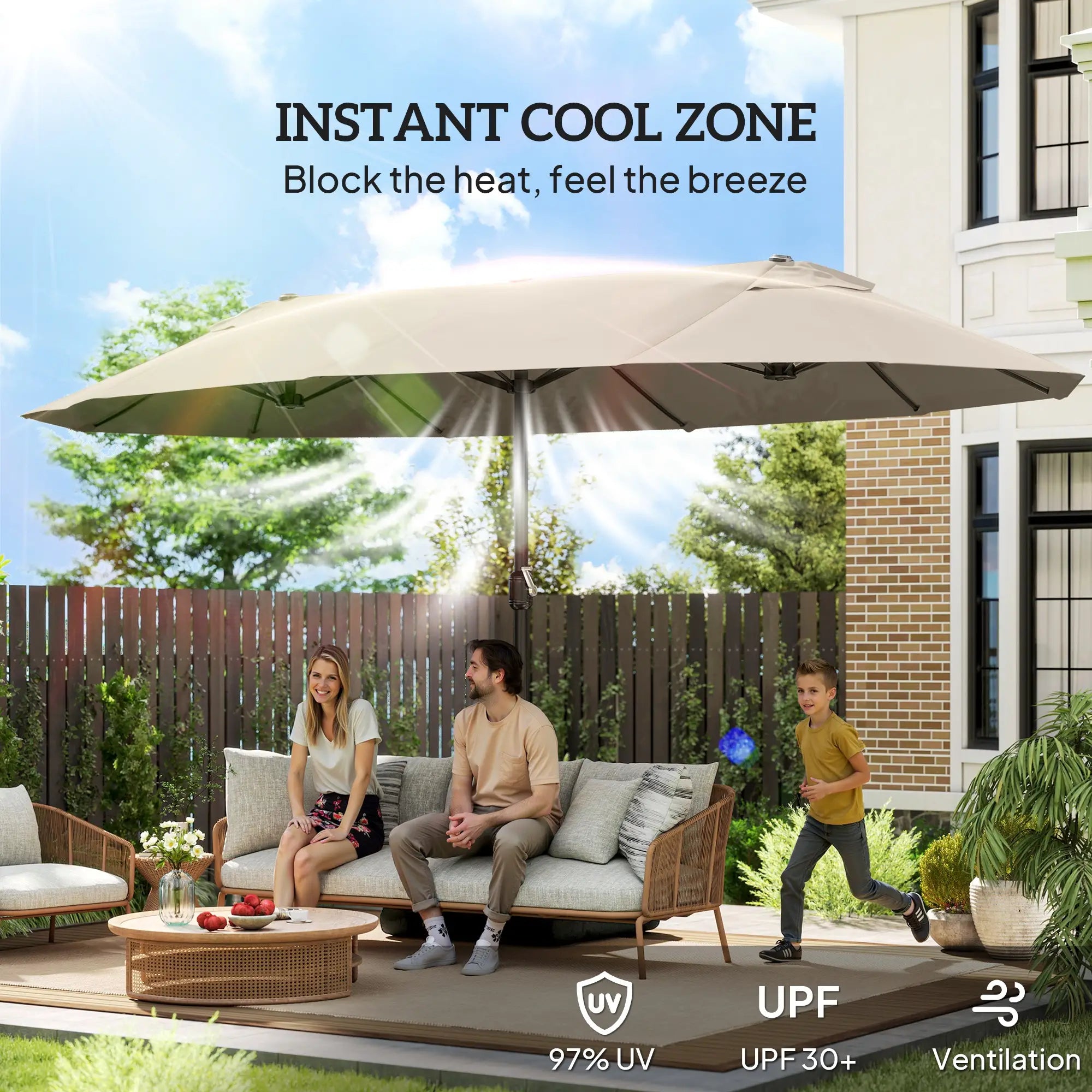 15' Outdoor Patio Umbrella, Twin Canopy Sunshade, Steel, Lift Crank, Khaki Sun Umbrellas at Gallery Canada