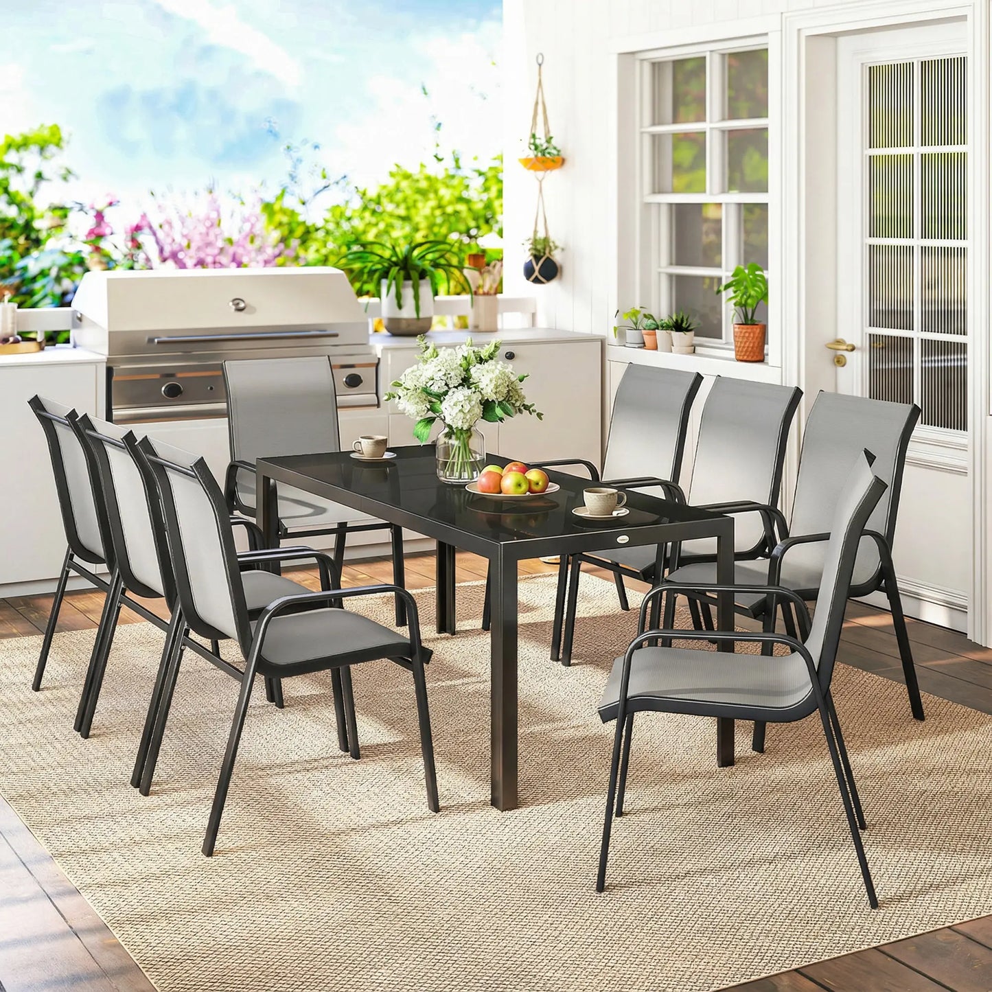 9 Piece Patio Set, Stackable Chairs, Glass Top, Light Grey Outdoor Dining Sets at Gallery Canada