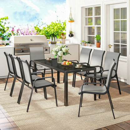 9 Piece Patio Set, Stackable Chairs, Glass Top, Light Grey Outdoor Dining Sets at Gallery Canada