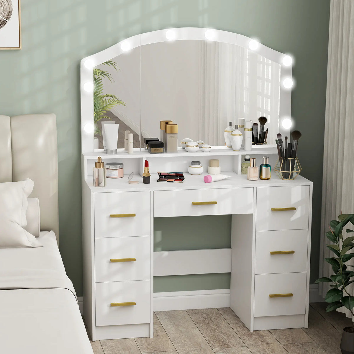 Makeup Vanity with Mirror, 10 LED Lights, 3 Color Adjustable, 7 Drawers, White Dressing & Vanity Tables at Gallery Canada