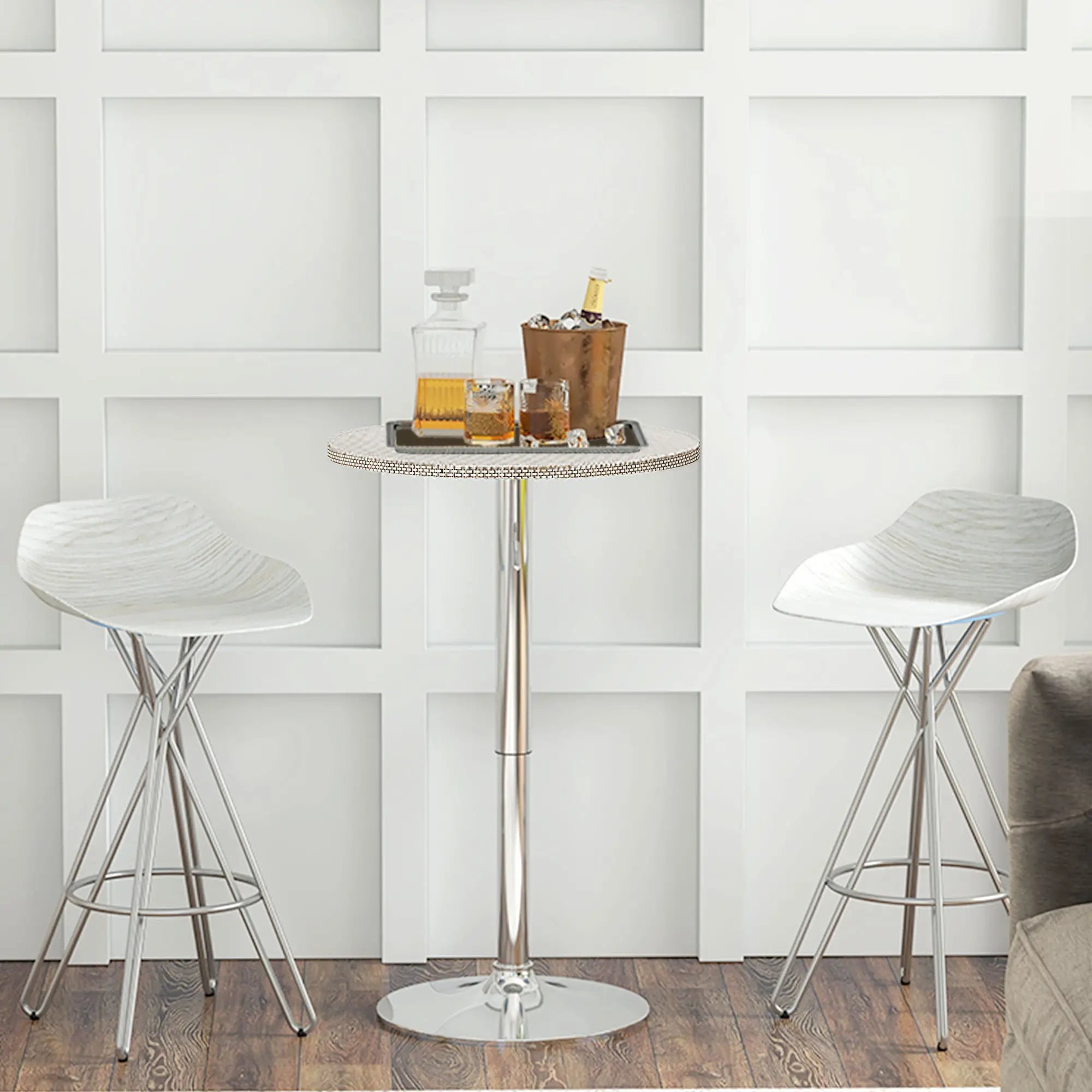 Adjustable Round Bar Table, PE Rattan Top, Steel Base, 2-Person, Grey Bar Tables at Gallery Canada