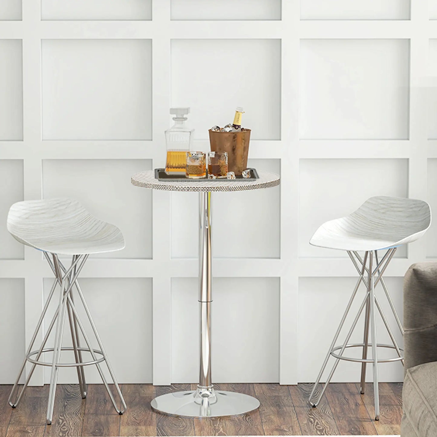 Adjustable Round Bar Table, PE Rattan Top, Steel Base, 2-Person, Grey Bar Tables at Gallery Canada