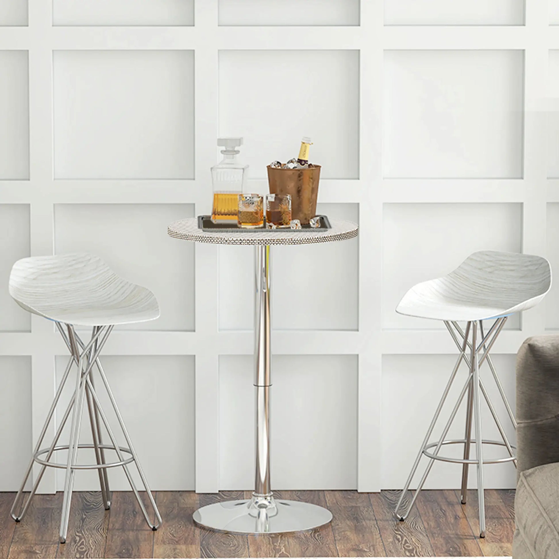 Adjustable Round Bar Table, PE Rattan Top, Steel Base, 2-Person, Grey Bar Tables at Gallery Canada