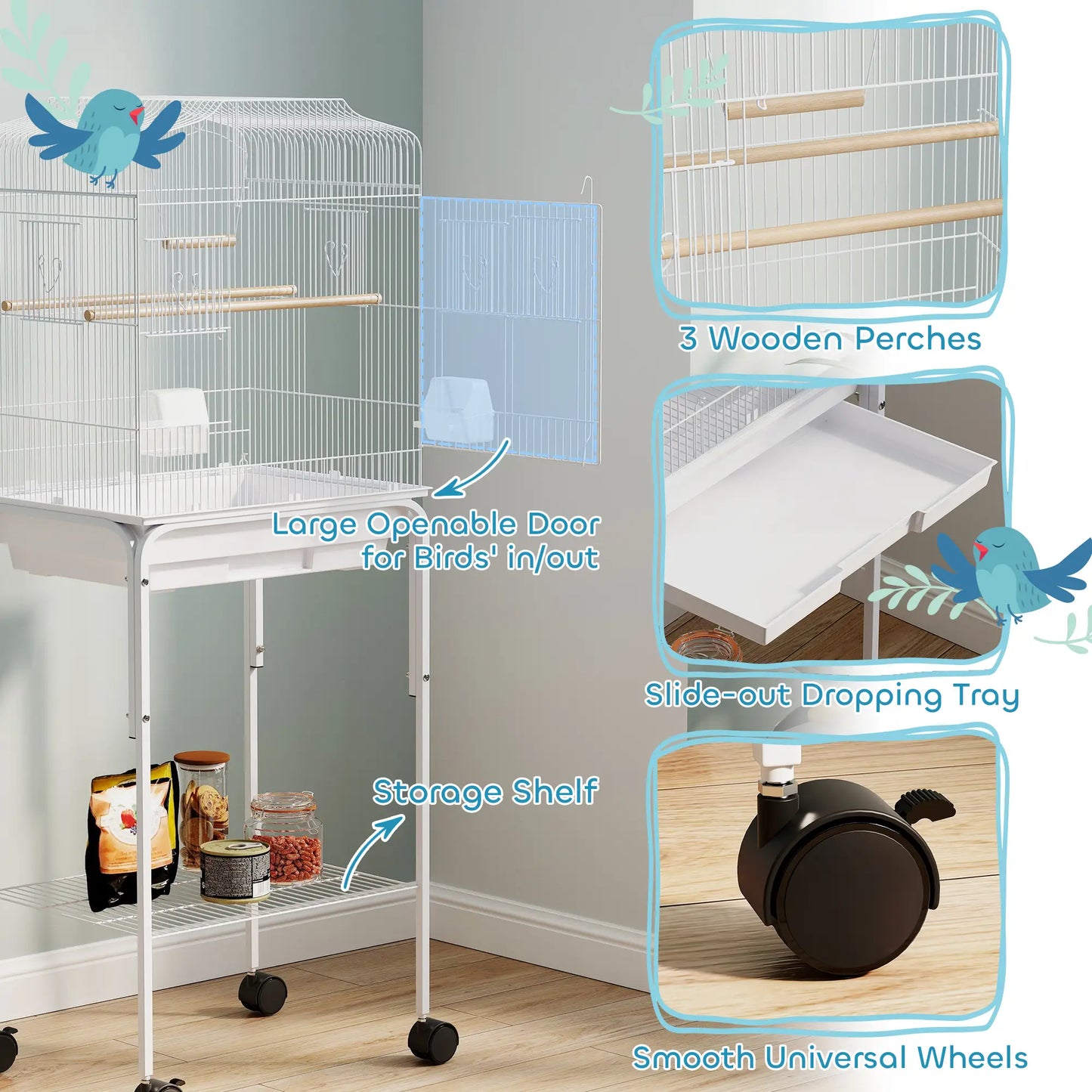 49 Rolling Bird Cage, Cockatoo House, Play Top, Storage Shelf, Wheels, White Bird Cages at Gallery Canada
