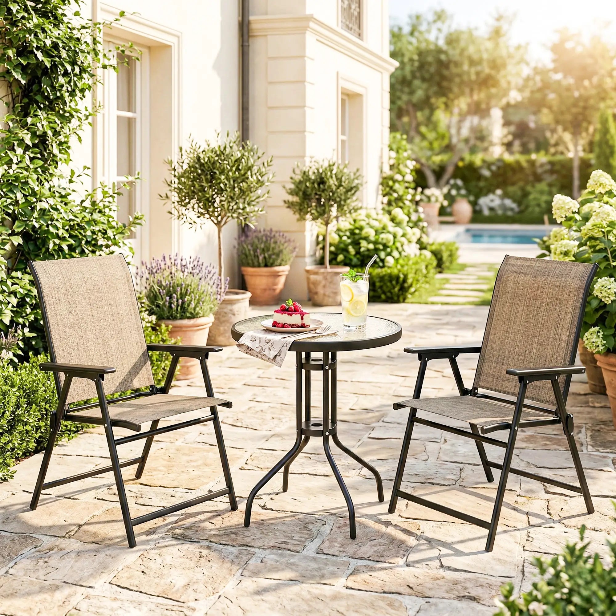 3 Piece Bistro Set with Mesh Chairs, Glass Table, Light Mixed Brown Bistro Sets at Gallery Canada
