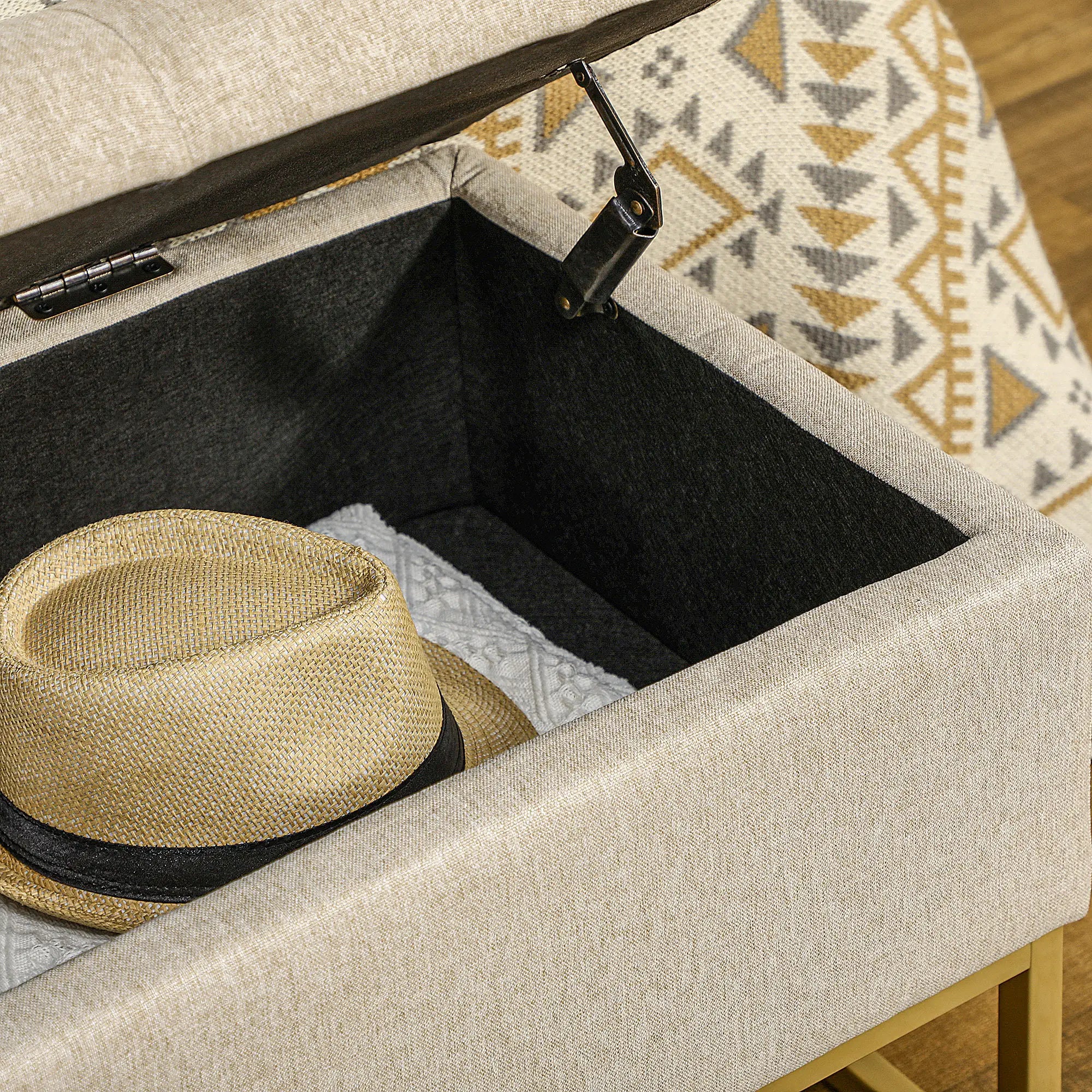 Storage Ottoman, Flip Top Upholstered Bench, Linen Fabric, Steel Legs, Beige Storage Ottomans & Benches at Gallery Canada