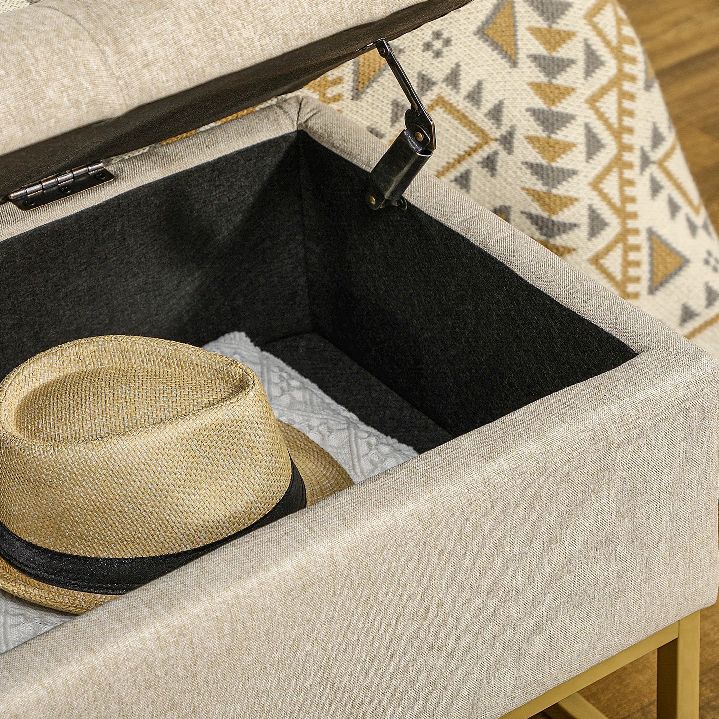 Storage Ottoman, Flip Top Upholstered Bench, Linen Fabric, Steel Legs, Beige Storage Ottomans & Benches at Gallery Canada