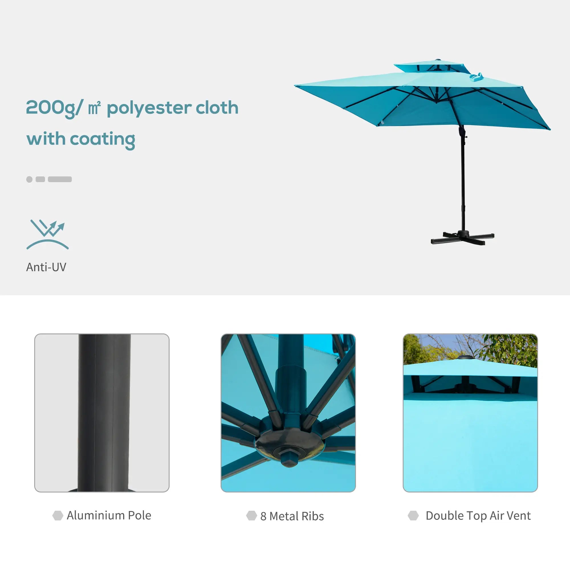 10' x 10' Cantilever Patio Umbrella, Double Top, 360° Rotation, Light Blue Cantilever Umbrellas at Gallery Canada