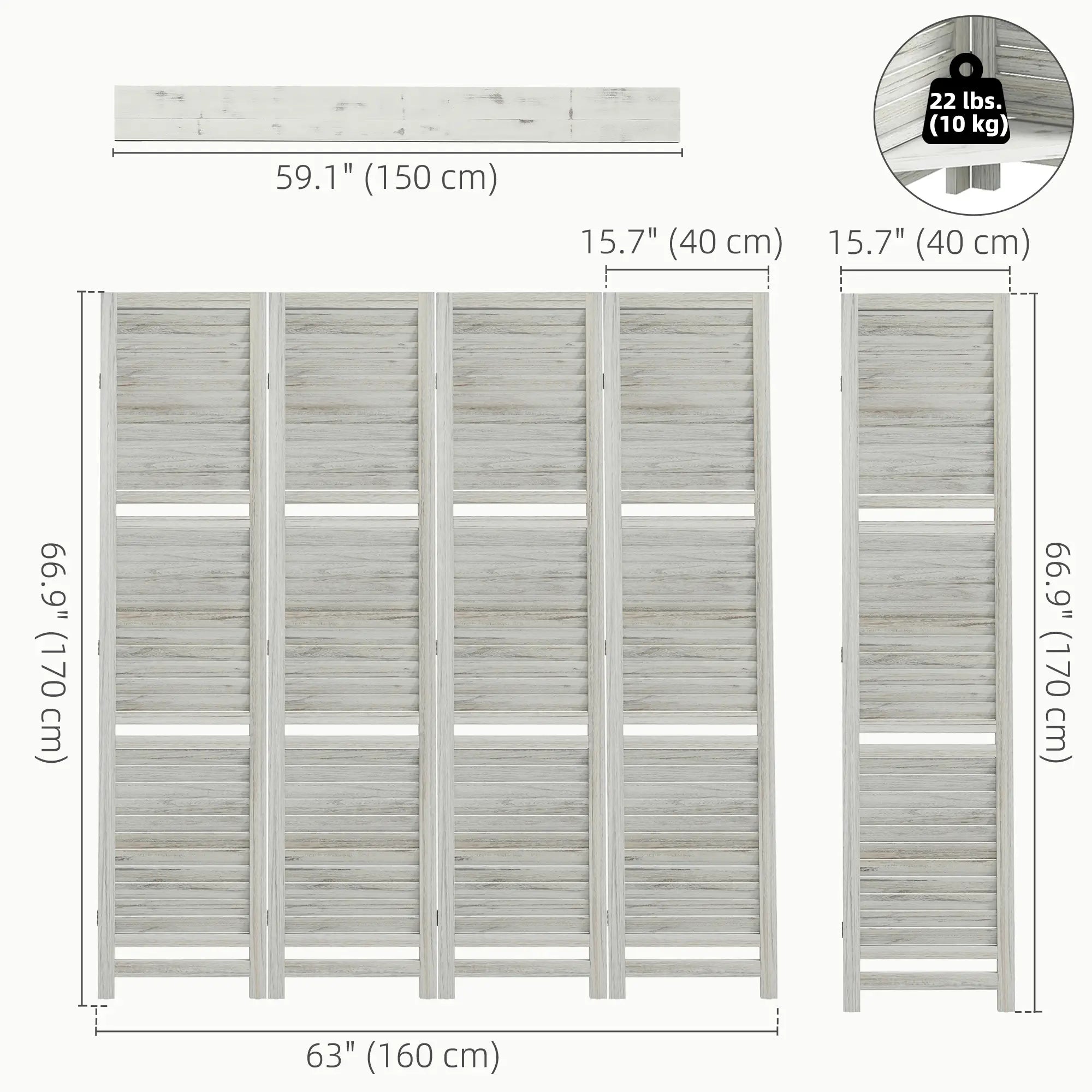 4-Panel Wall Partition, 3 Storage Shelves, Foldable, Wooden Frame, 5.6FT, Distressed White, White Room Dividers at Gallery Canada