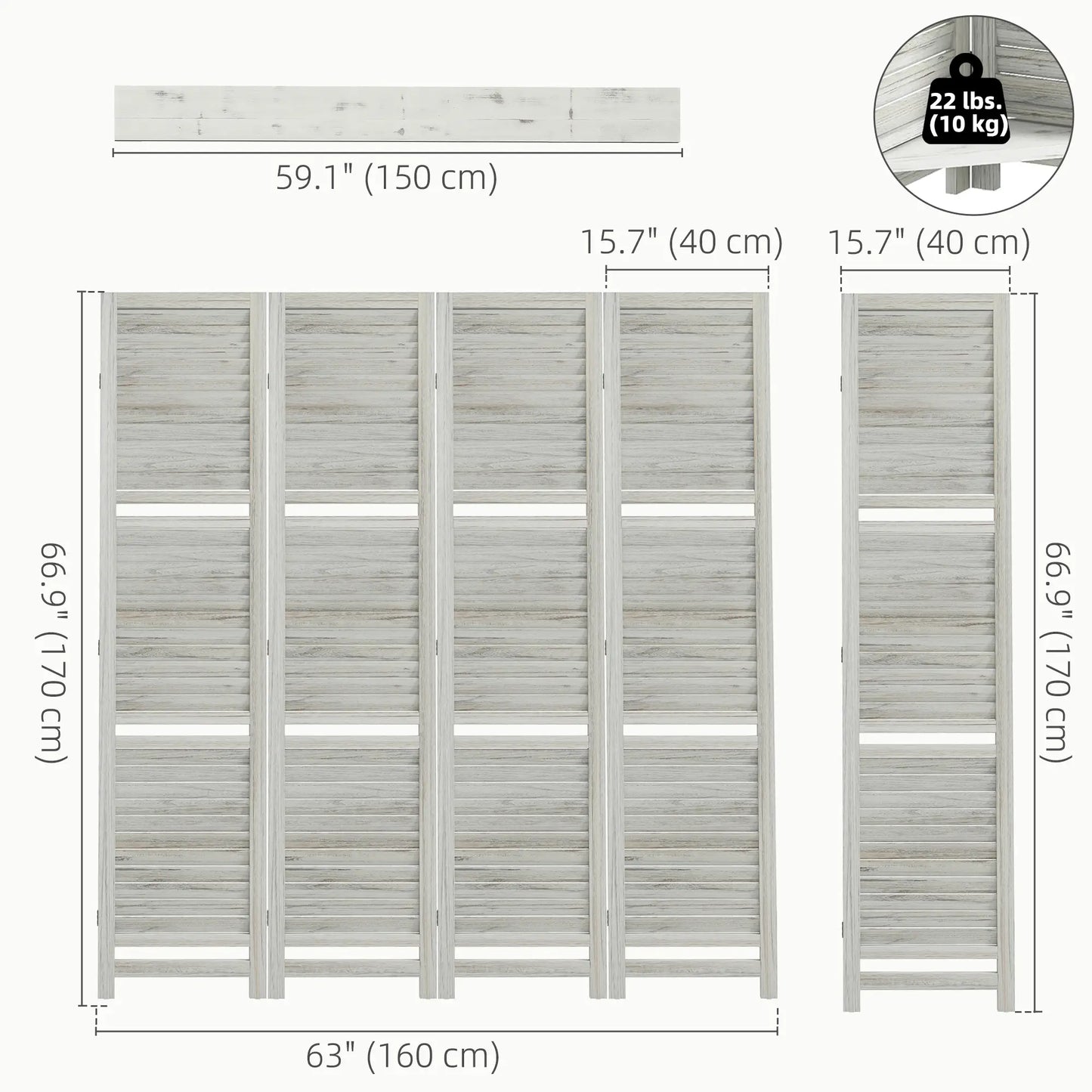 4-Panel Wall Partition, 3 Storage Shelves, Foldable, Wooden Frame, 5.6FT, Distressed White, White Room Dividers at Gallery Canada