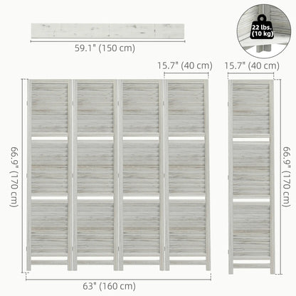 4-Panel Wall Partition, 3 Storage Shelves, Foldable, Wooden Frame, 5.6FT, Distressed White, White Room Dividers at Gallery Canada