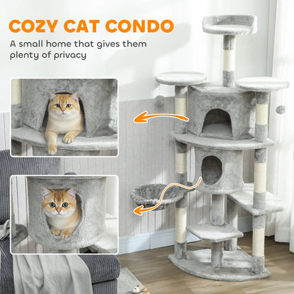 62" Cat Tree With Scratching Post, 2 Condos, Hammock, Light Grey