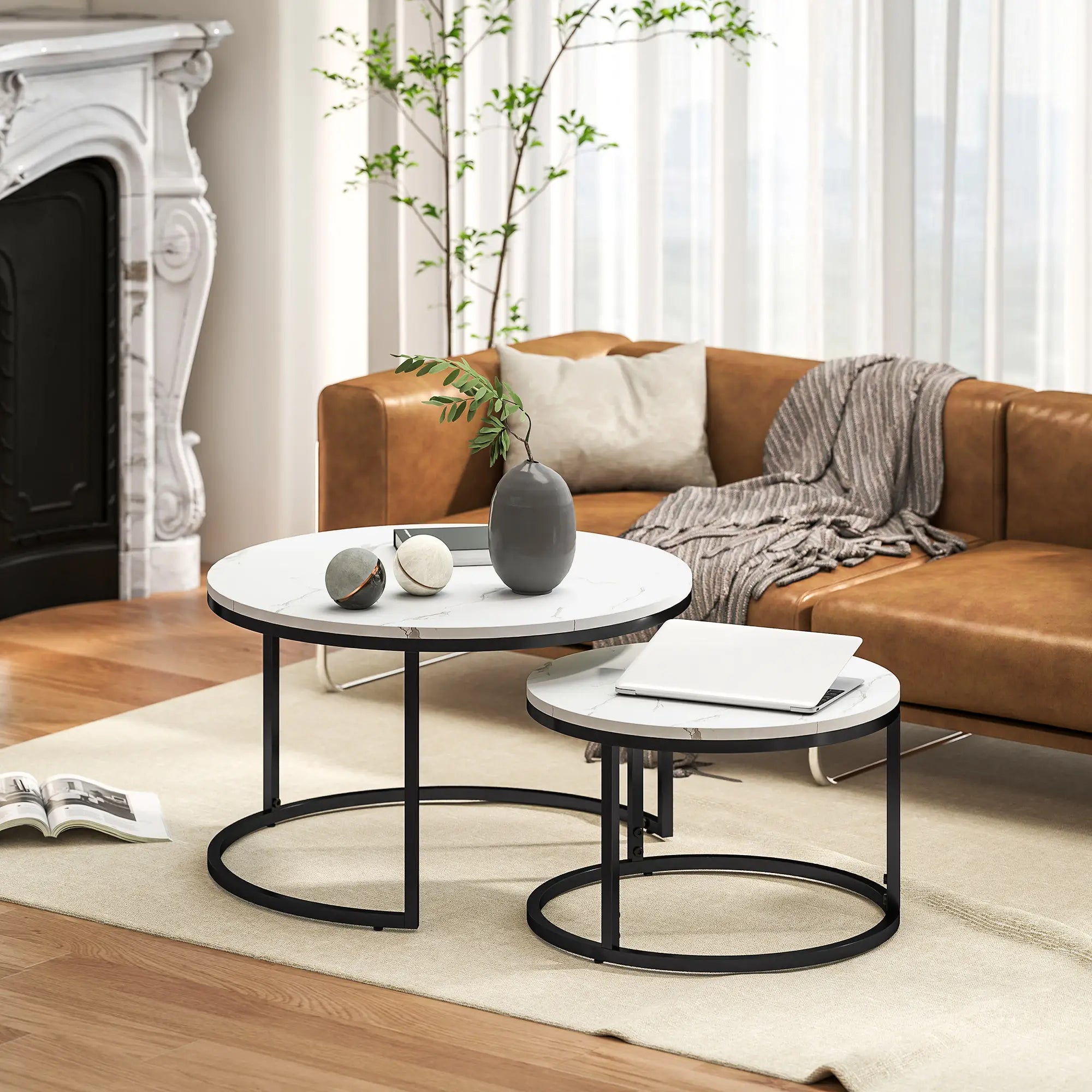 Modern Coffee Table Set of 2, Nesting Side Tables, Metal Base, Faux Marbled, White Coffee Tables at Gallery Canada