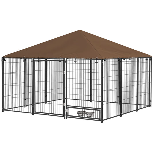 6.9' x 6.9' x 5' Outdoor Dog Kennel with Canopy, Rotating Bowls, Coffee - Gallery Canada