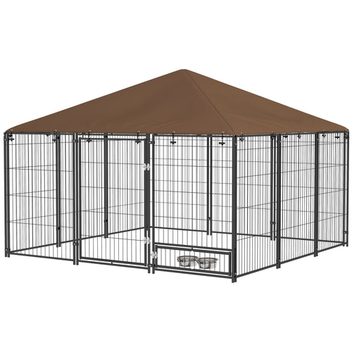 6.9' x 6.9' x 5' Outdoor Dog Kennel with Canopy, Rotating Bowls, Coffee