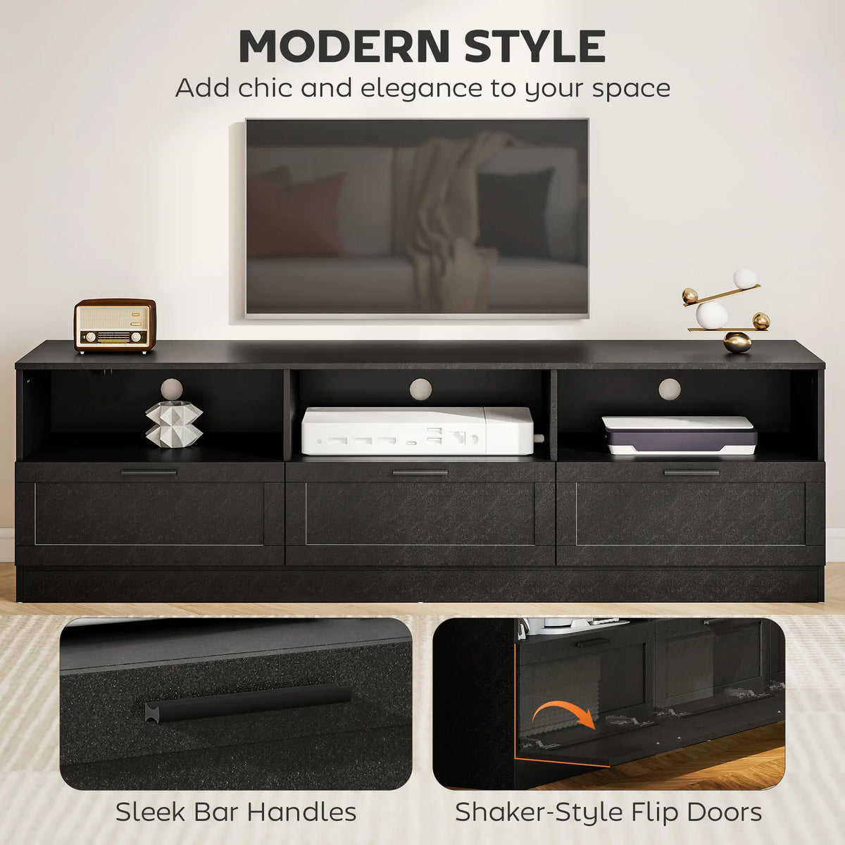 TV Stand with Storage, 3 Cabinets, 3 Shelves, for TVs up to 85", Black TV Stands at Gallery Canada
