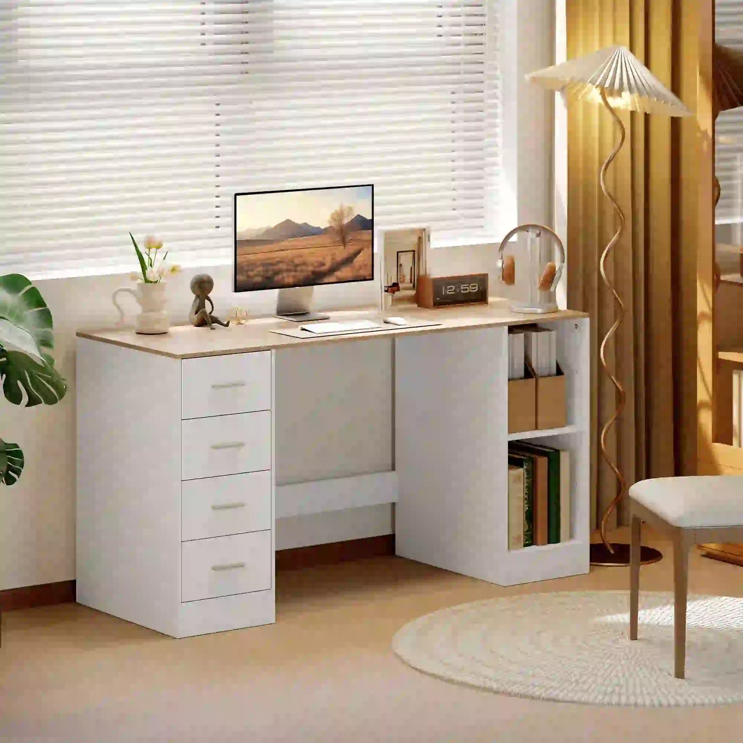 55 Inch Office Desk, White Wood Grain, 4 Reversible Drawers, Adjustable Shelf, White Computer Desks at Gallery Canada