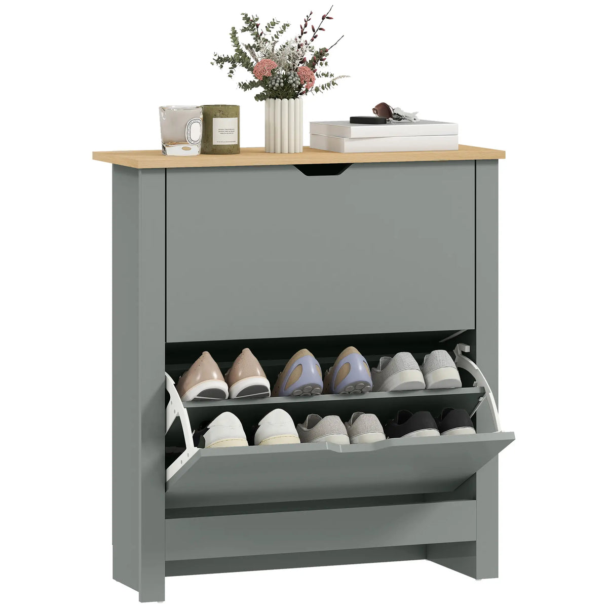 Shoe Storage Cabinet, 2 Flip Drawers, Adjustable Shelves, Light Grey