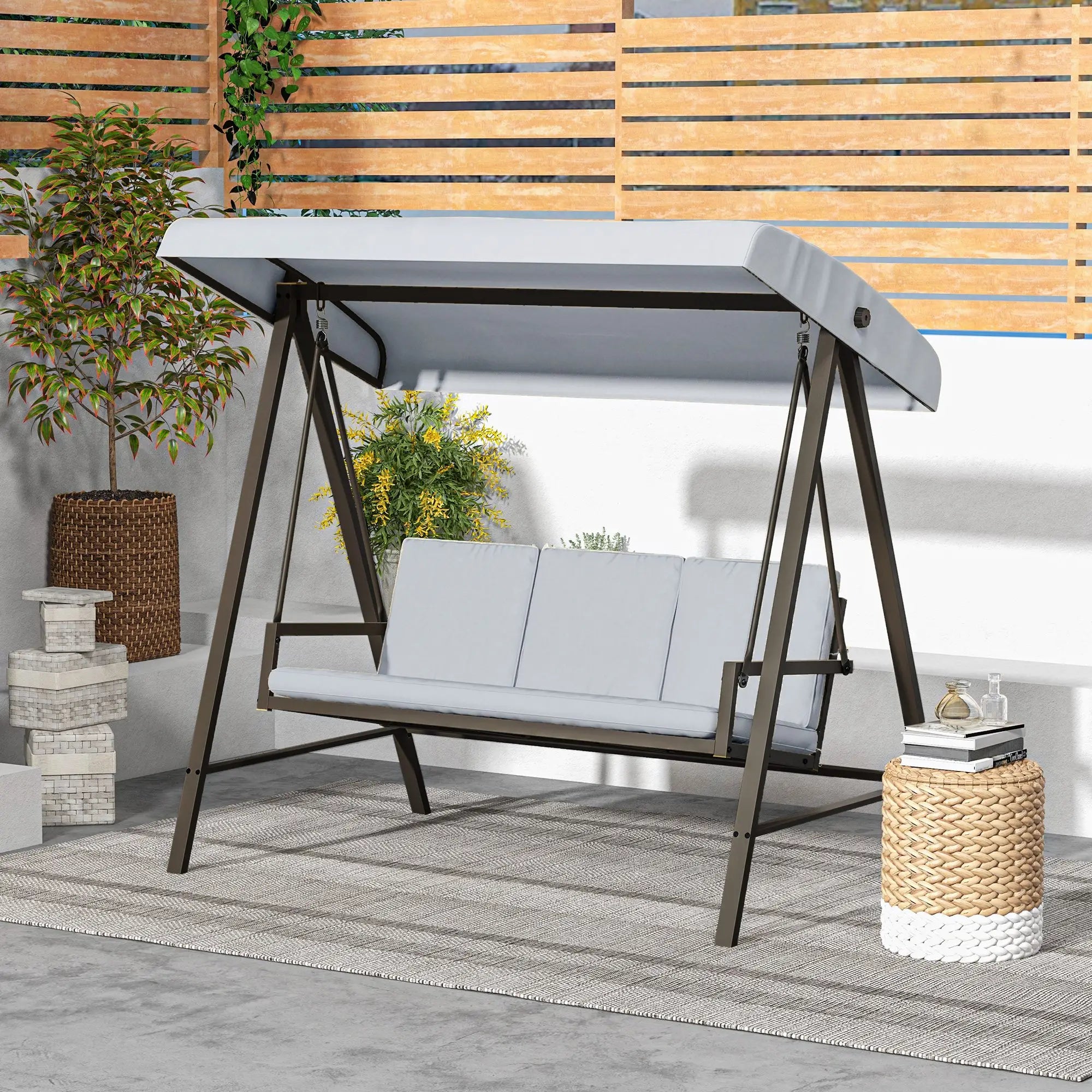3 Seater Patio Swing Chair, Adjustable Canopy, Removable Cushions, Light Grey Patio Swings with Stand at Gallery Canada